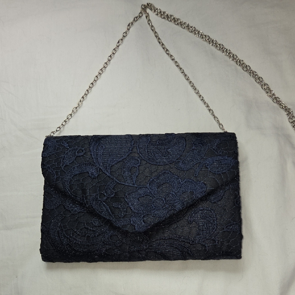 NAVY BLUE Lace Clutch Purse Handbag With Silver Tone Detachable Chain Strap